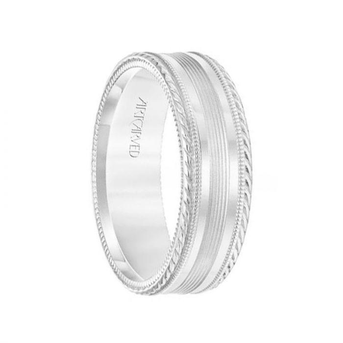 14k White Gold Wedding Band Flat Ridged Center Design Polished Finish with Rope Milgrain Edges- 7 mm