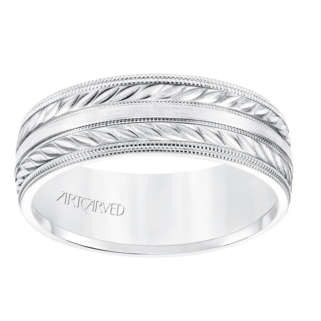 14k White Gold Wedding Band Flat Dual Wheat Motif Center Design Satin Brushed Finish with Milgrain Edges- 7 mm