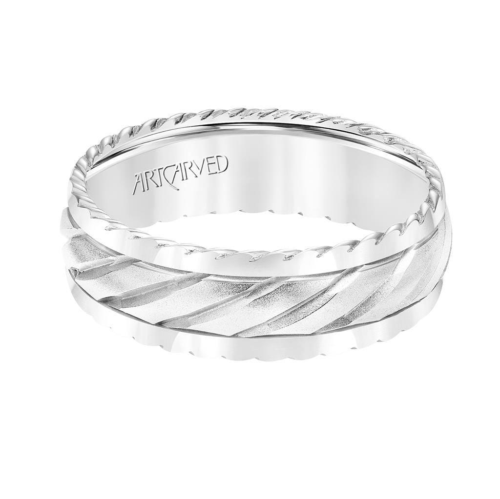 14k White Gold Wedding Band Domed Soft Sand Finish with Diagonal Line Pattern Textured Edges- 7 mm