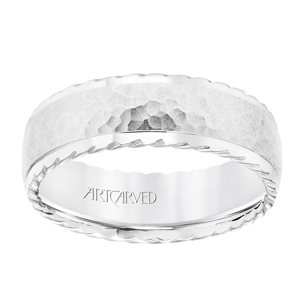 14k White Gold Wedding Band Domed Hammered Finish Center with Rope Edges - 7 mm