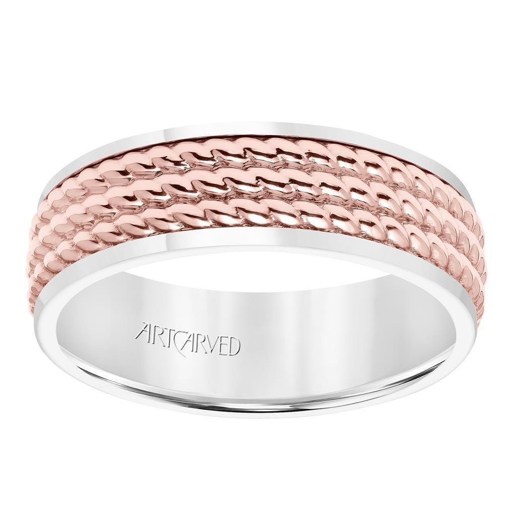14k Two Toned White Gold with Rose Gold Center Wedding Band Domed Polished Finish Triple Rope Inlay Design Flat Edges- 7 mm