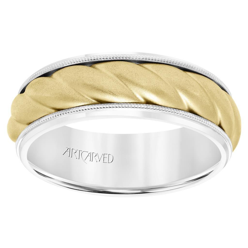 14k Two Toned White Gold with Yellow Gold Center Wedding Band Domed Rope Inlay Design Soft Sand Finish Milgrain Edges- 7 mm