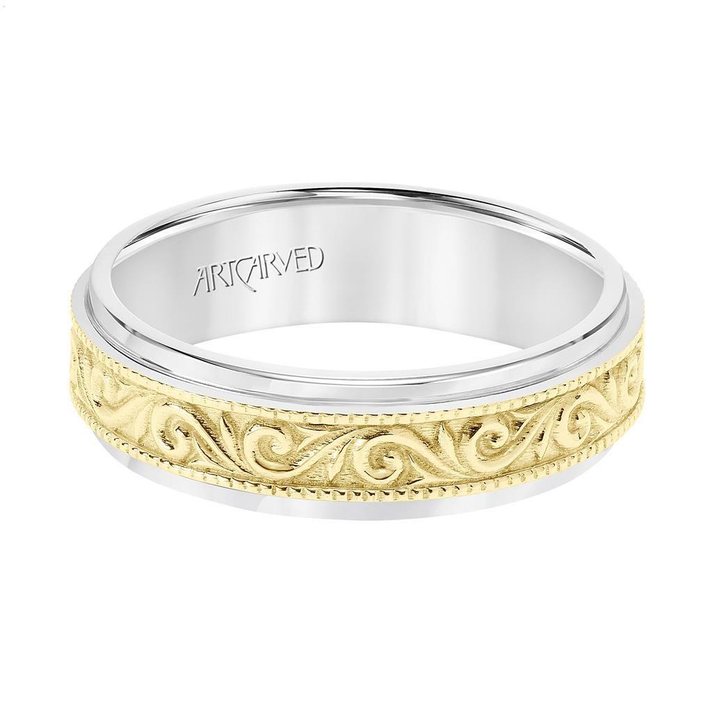 14k Two Toned White & Yellow Gold Wedding Band Raised Paisley Inlay Design Milgrain Detail Round Edges- 6.5 mm