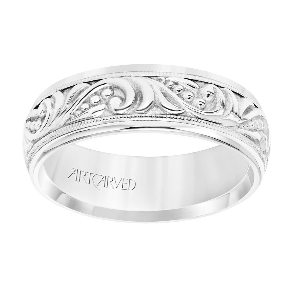 14k White Gold Wedding Band Domed Center High Polished Paisley Design and Milgrain Detail Round Edges- 7 mm
