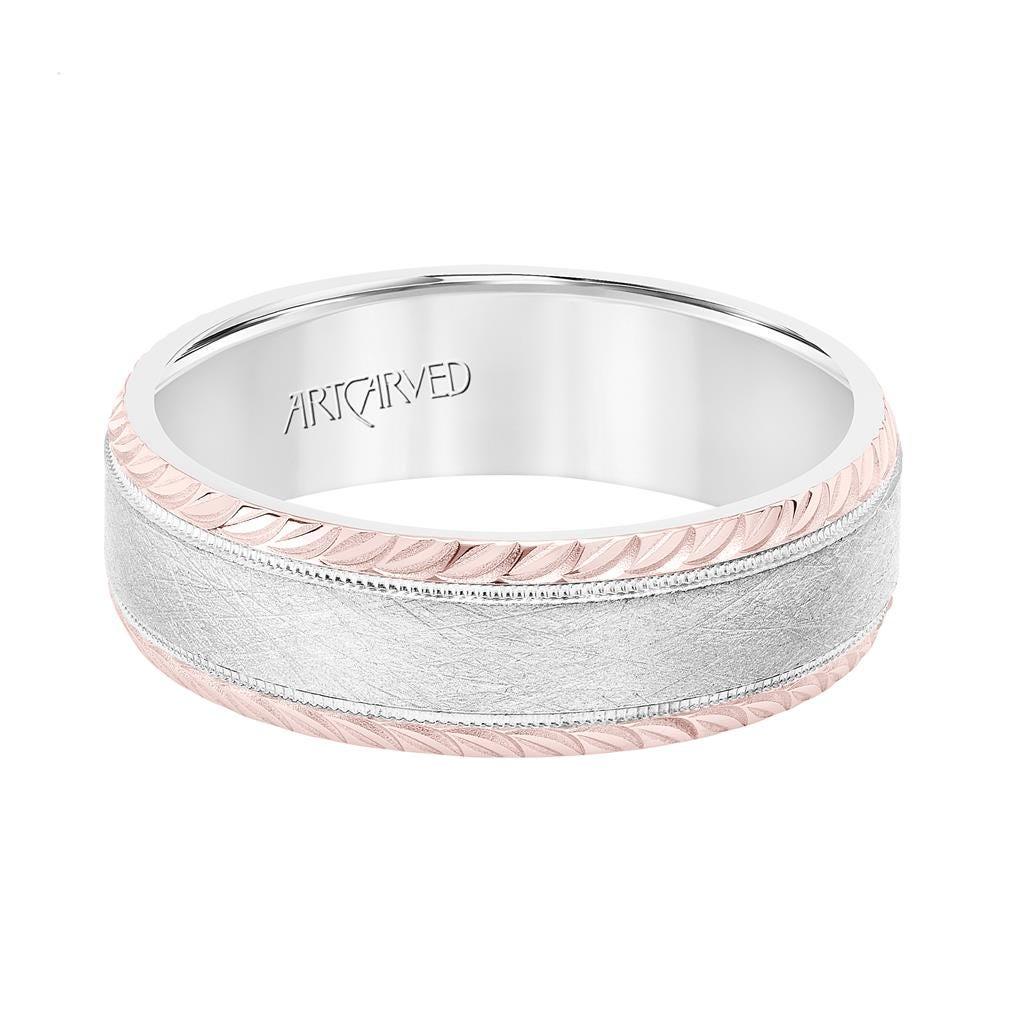 14k Two Toned White & Rose Gold Wedding Band Domed Crystalline Finish with Milgrain and Leaf Design Beveled Edges- 7 mm