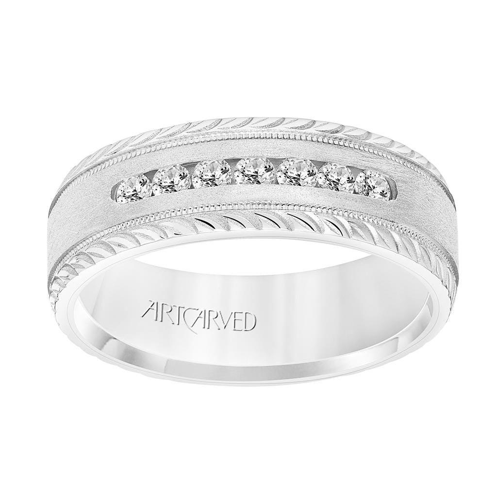 14k White Gold Wedding Band Flat Crystalline Finish Center Channel Set Diamonds Milgrain and Leaf Design Beveled Edges - 7 mm