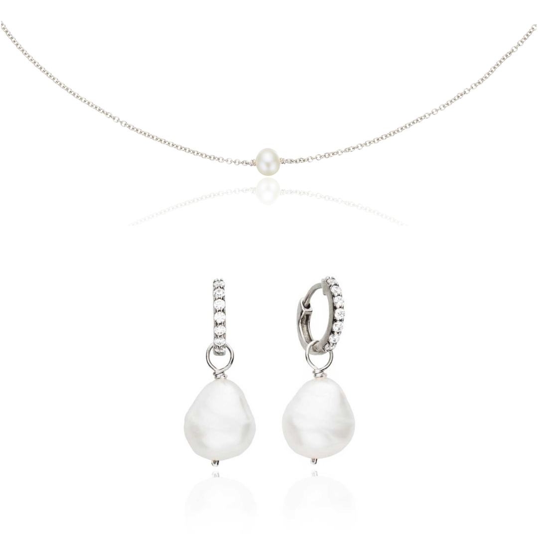 Silver Pearl Drop Huggies and Single Pearl Choker Gift Set