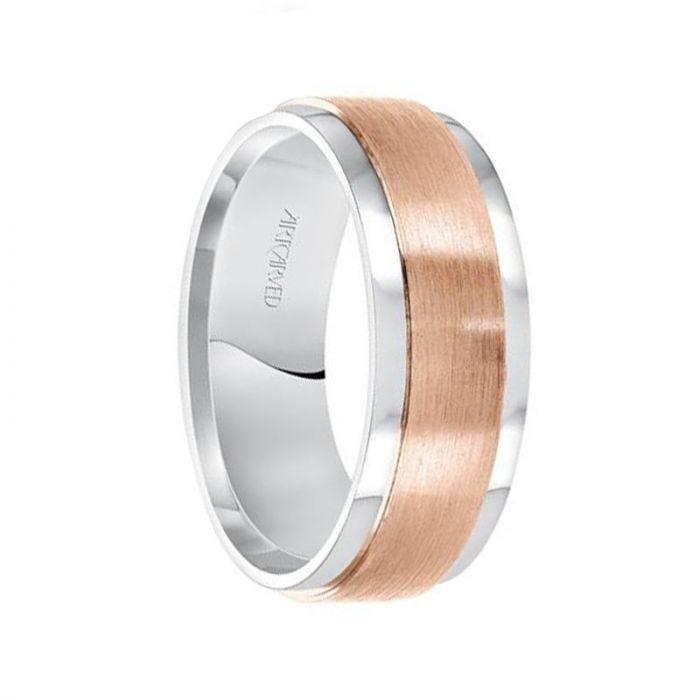 14k White & Rose Gold Wedding Band Flat Satin Brushed Raised Center Finish with Flat Edges- 8 mm