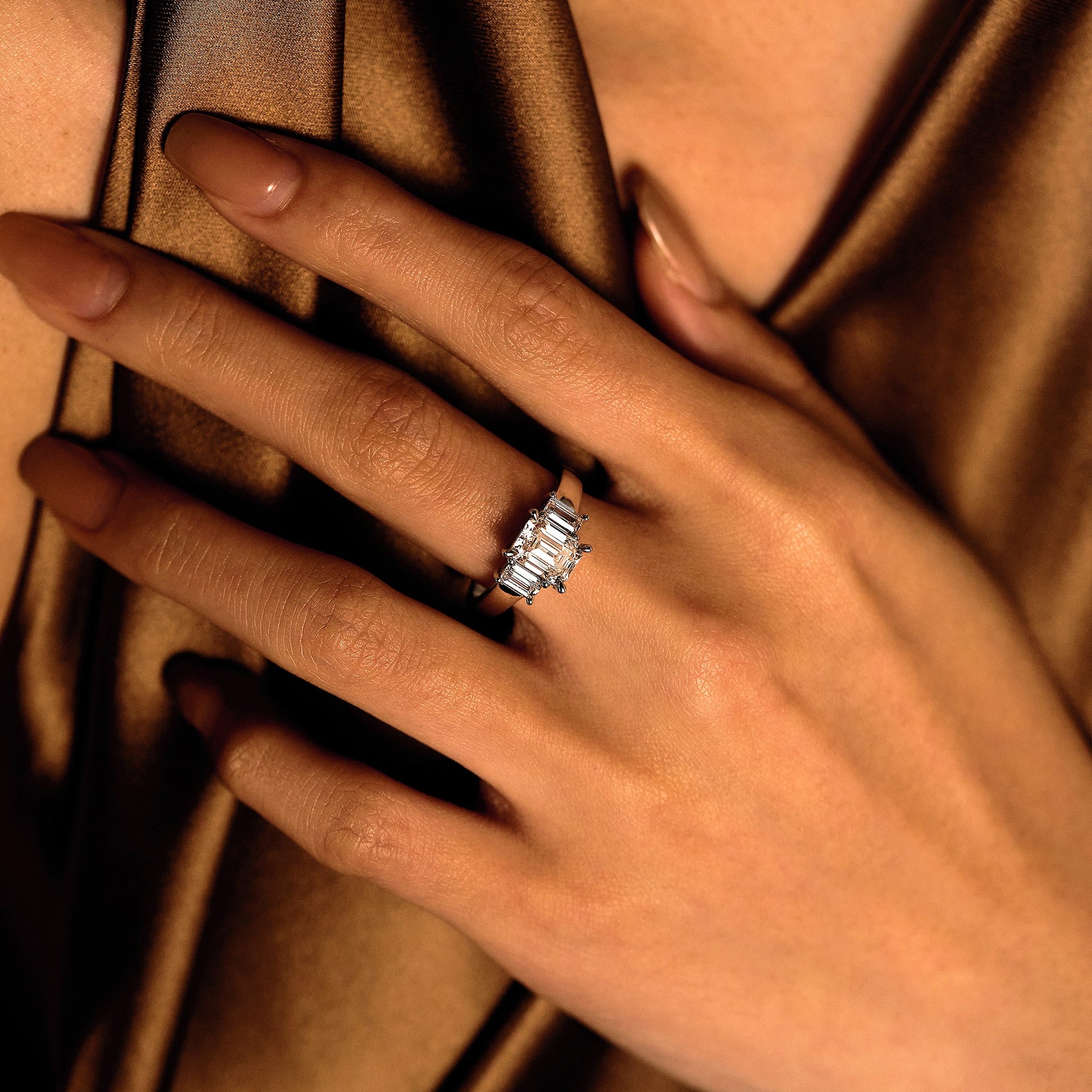 2 Carat Art Deco Emerald Moissanite Trilogy Ring