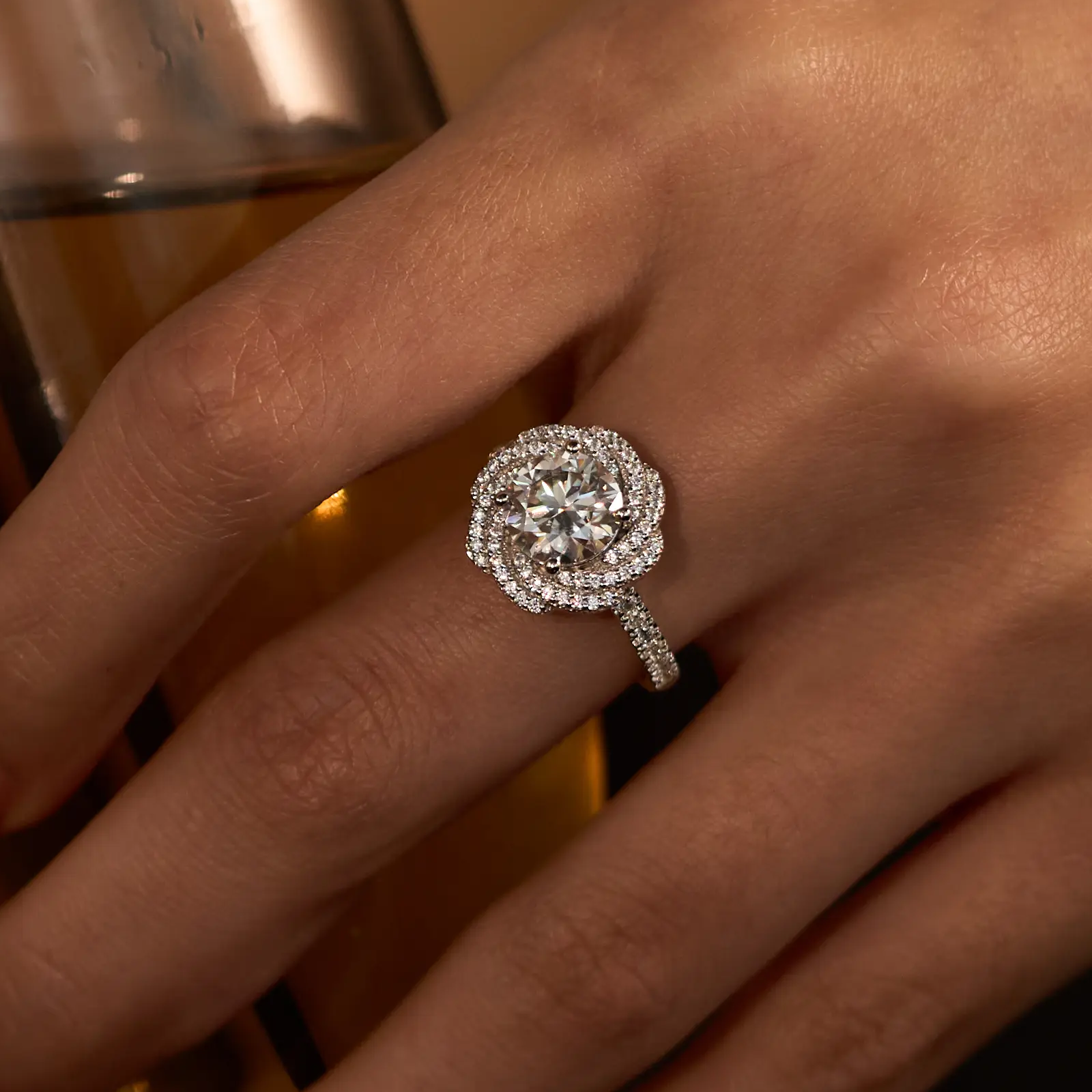 2 Carat Art Deco Flower Halo Moissanite Engagement Ring with Pavé Band