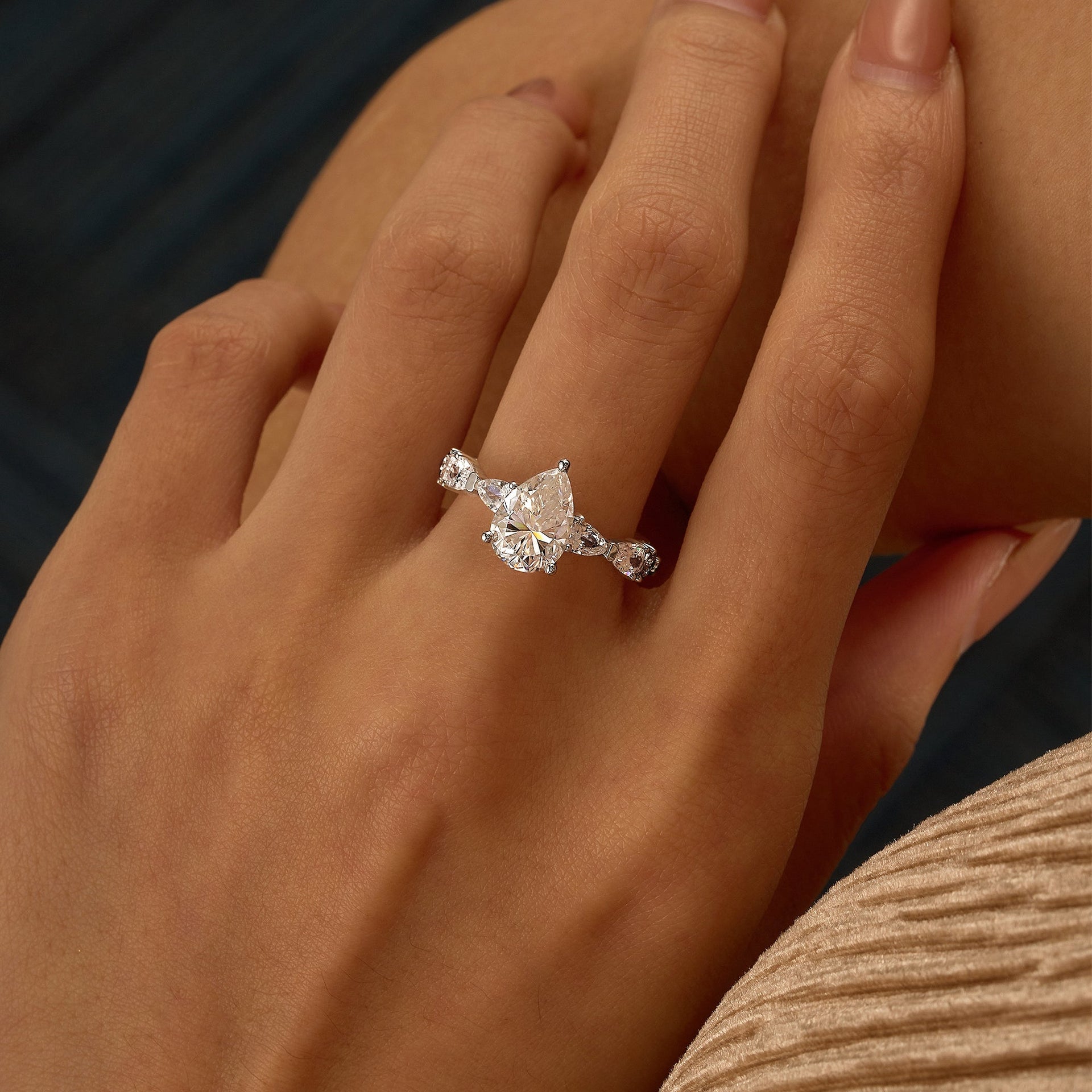 2 Carat Nature Inspired Pear Cut Moissanite Ring with Full Accent Stones