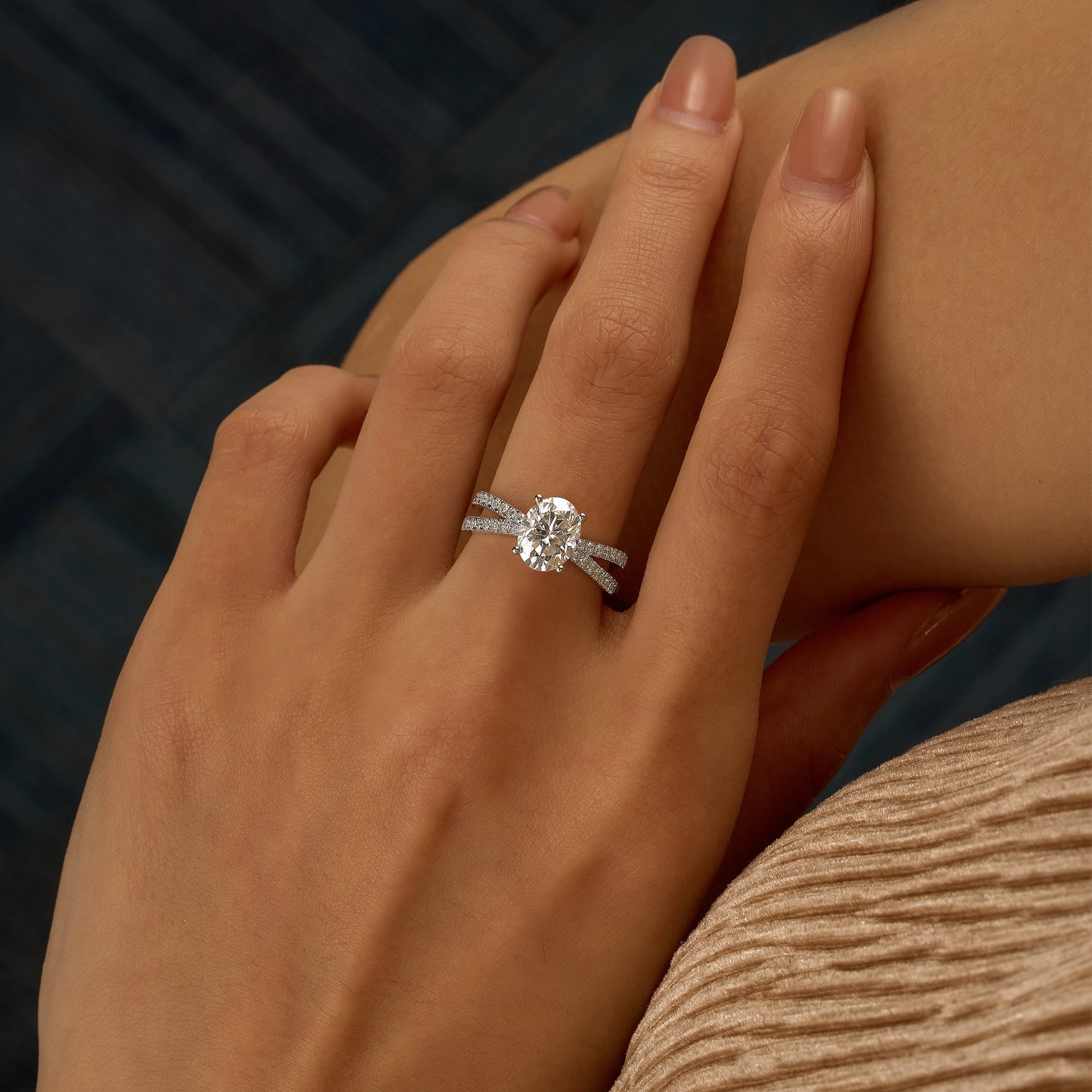 2 Carat Oval Moissanite Engagement Ring with Crossover Pavé Band