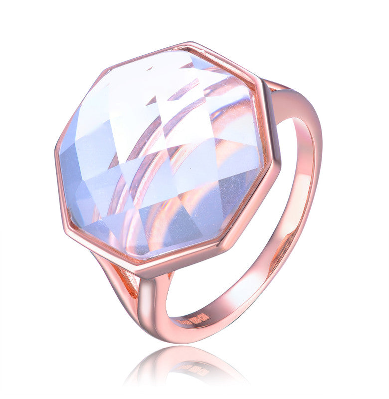GENEVIVE Sterling Silver Rose Gold Plated White Quartz Cubic Zirconia Cocktail Ring