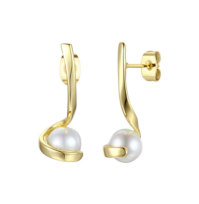 Sterling Silver 14k gold plated with 7mm White Freshwater Pearl Ribbon Gift Linear Drop Dangle Earrings