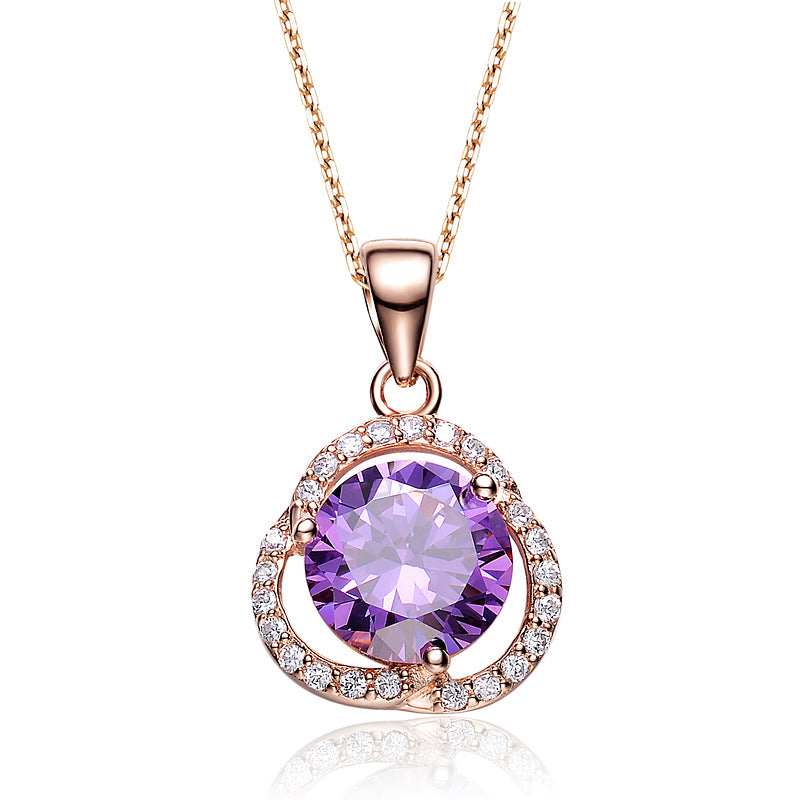 Gv Sterling Silver Round Purple Cubic Zirconia Solitaire Necklace