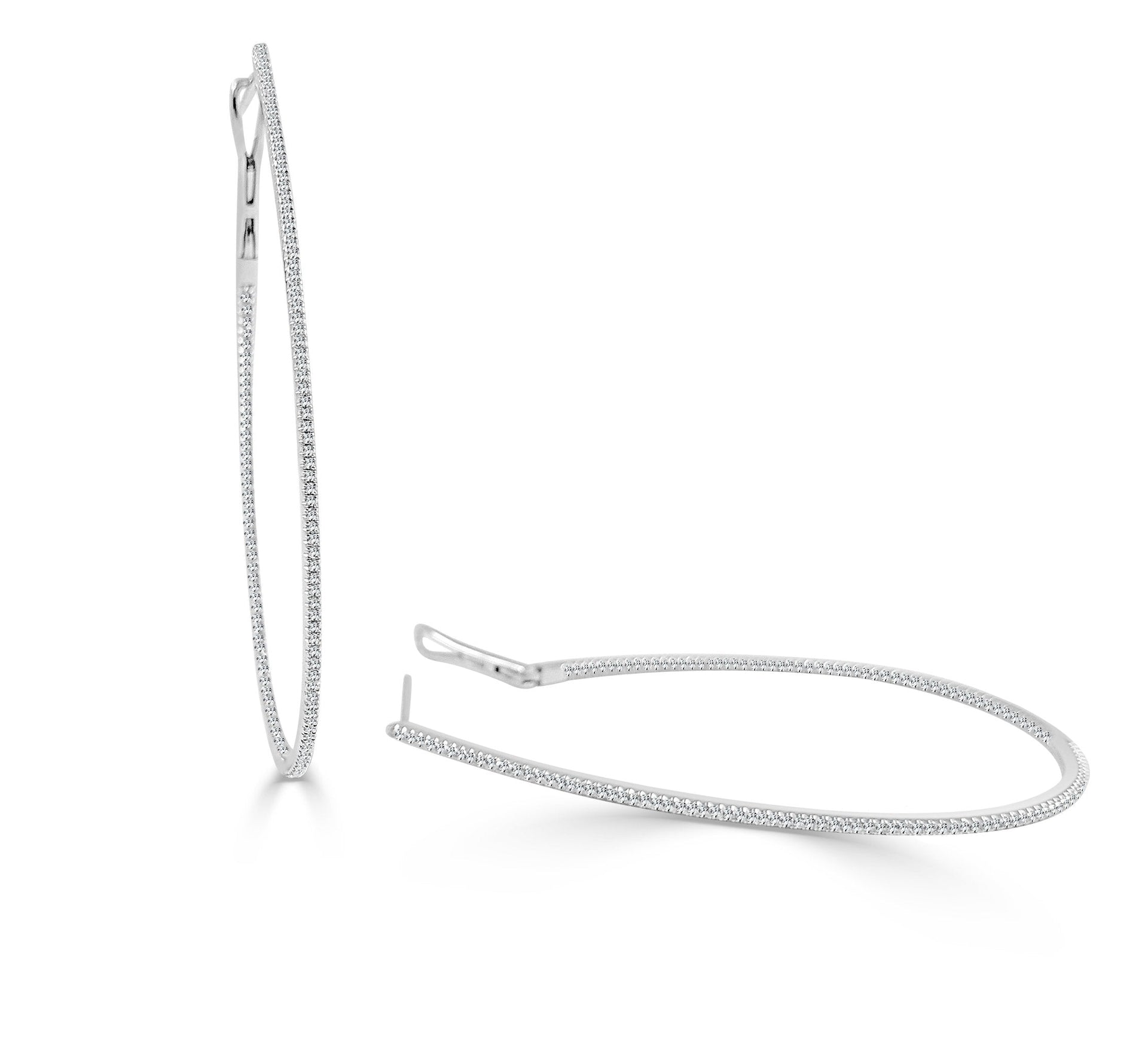 14k Gold & Diamond Skinny Hoop Earrings 2-1/2'