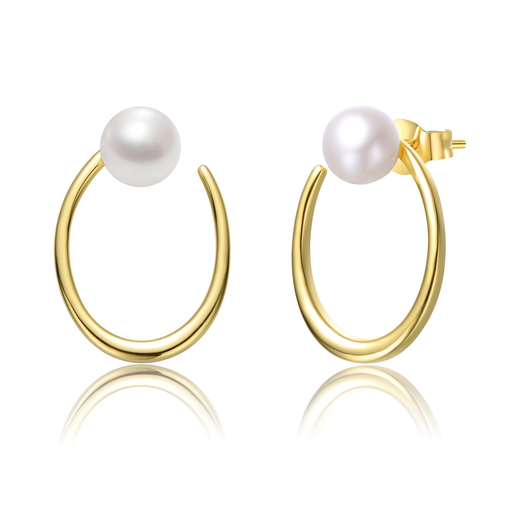 Sterling Silver 14k Yellow Gold Plated with White Pearl Oblong Oval Halo Hoop Dangle Earrings