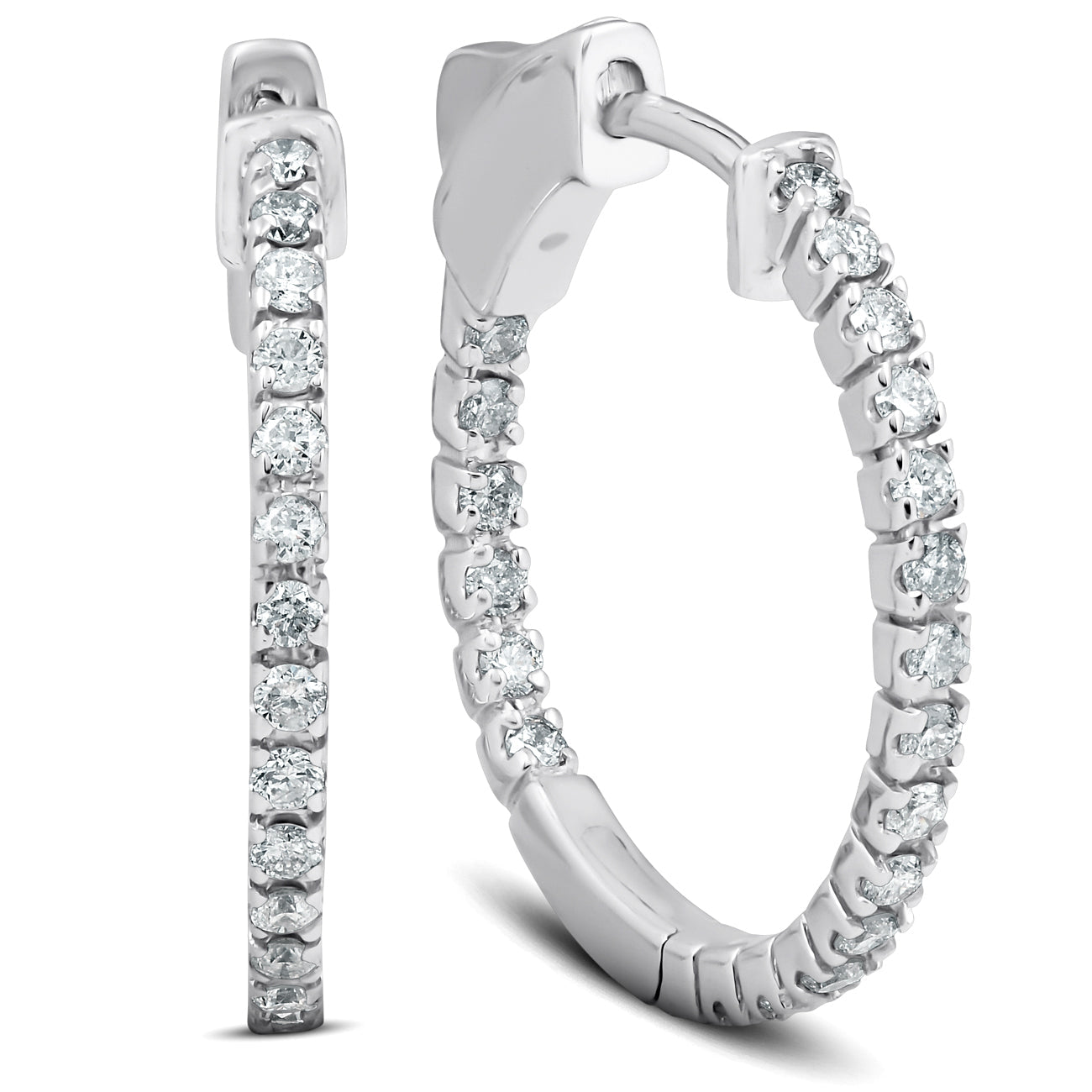 1/2 Ct Diamond Inside Outside Hoops 14k White Gold Vault Lock 1' Tall