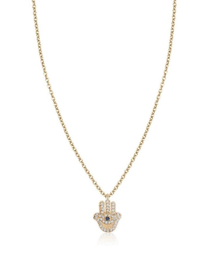 Diamond & Blue Sapphire Hamsa Necklace Yellow