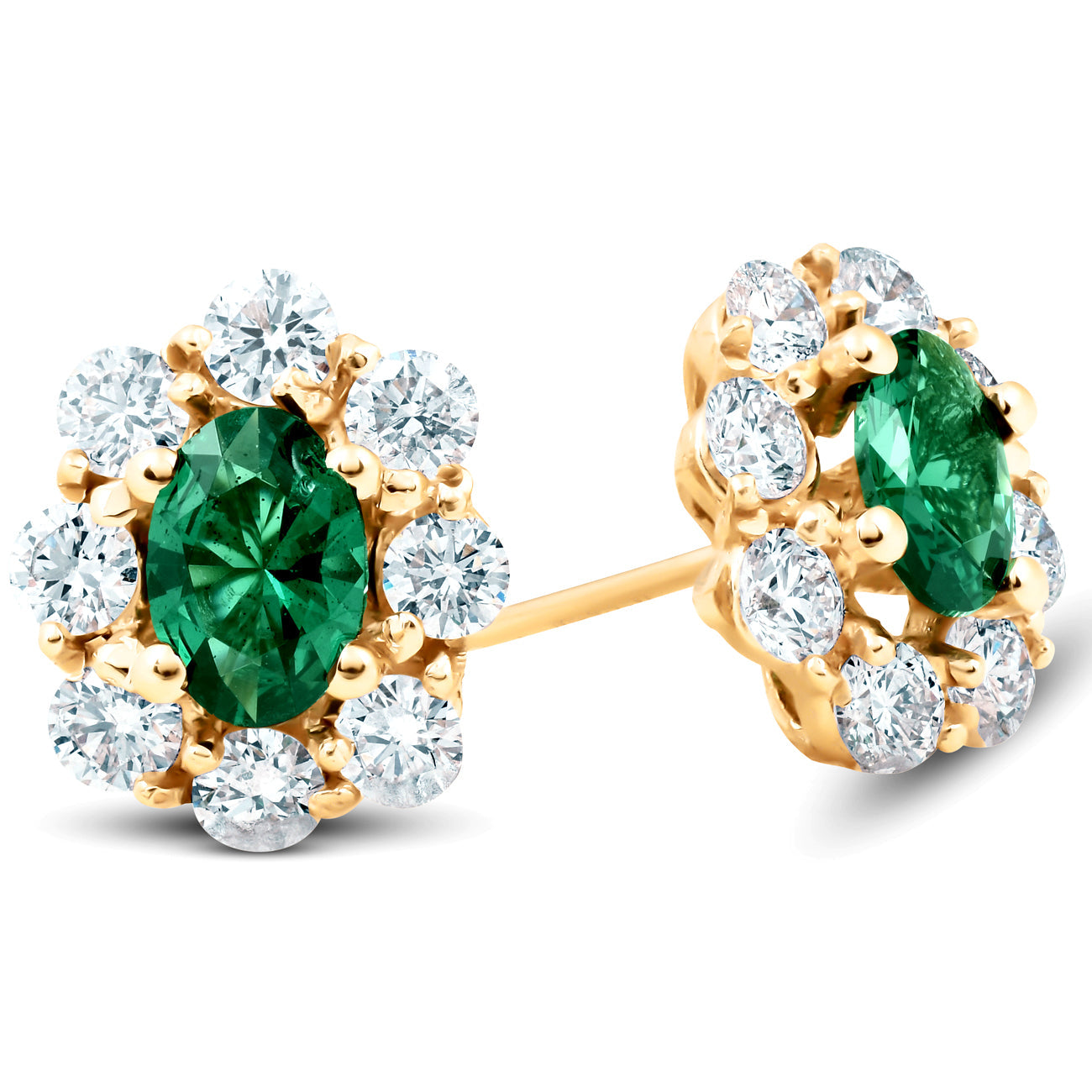 3 Ct Emerald & Diamond Halo Studs 14k Yellow Gold