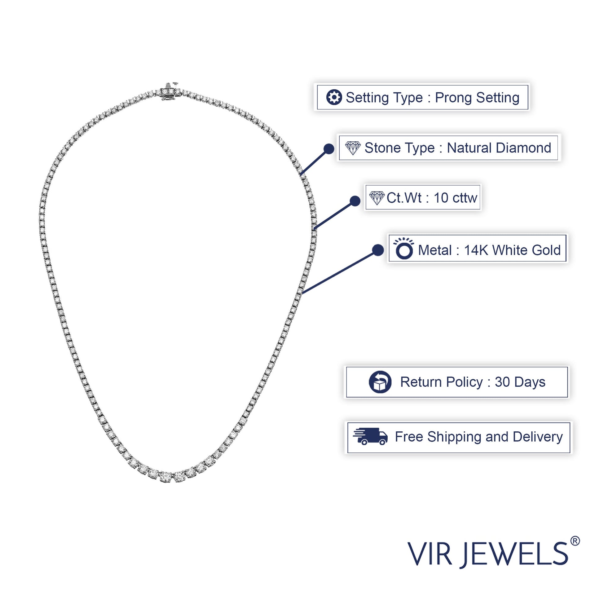 10 cttw SI1-SI2 Clarity Diamond Riviera Tennis Necklace in 14K White Gold