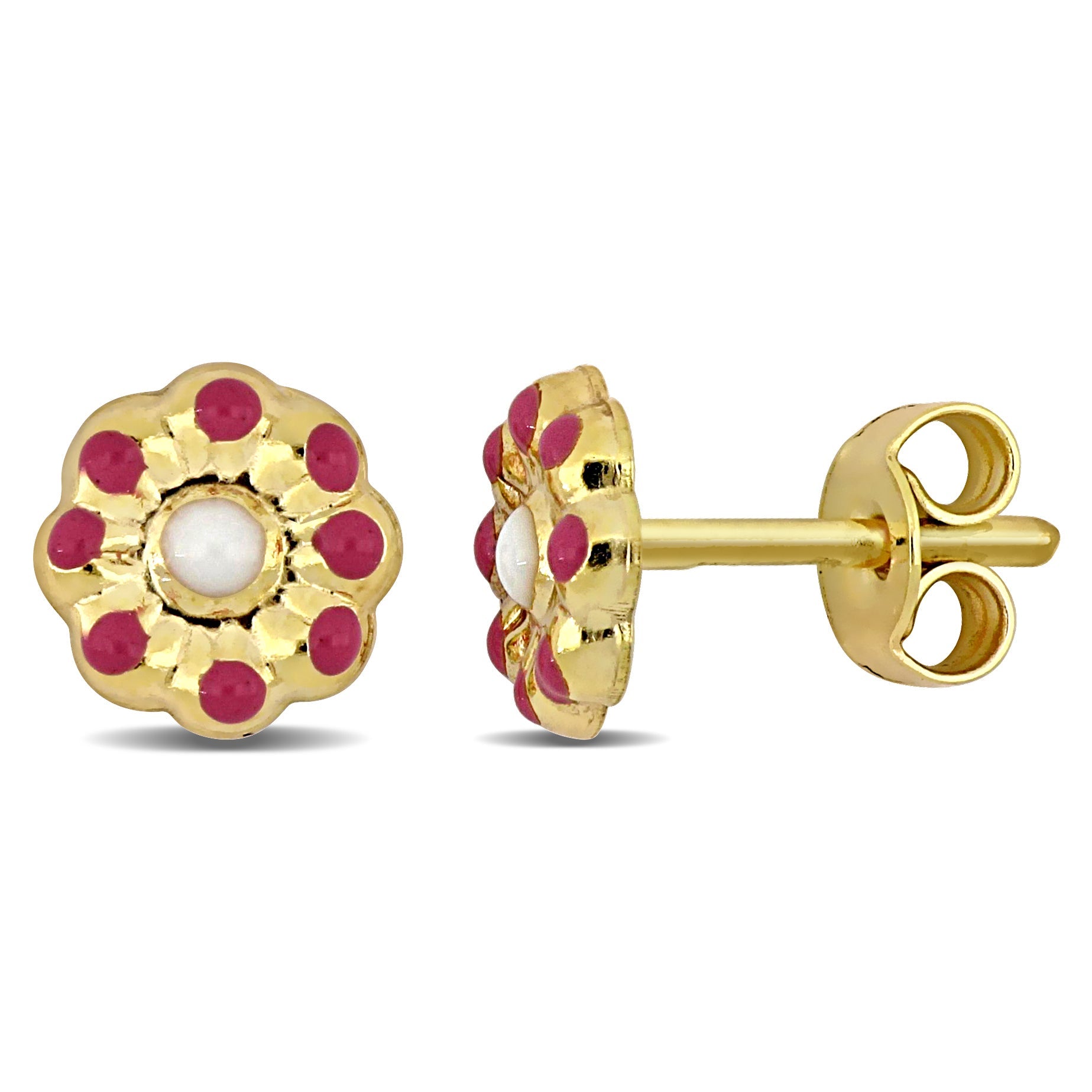 Mimi & Max Pink and White Enamel Flower Stud Earrings in 14k Yellow Gold