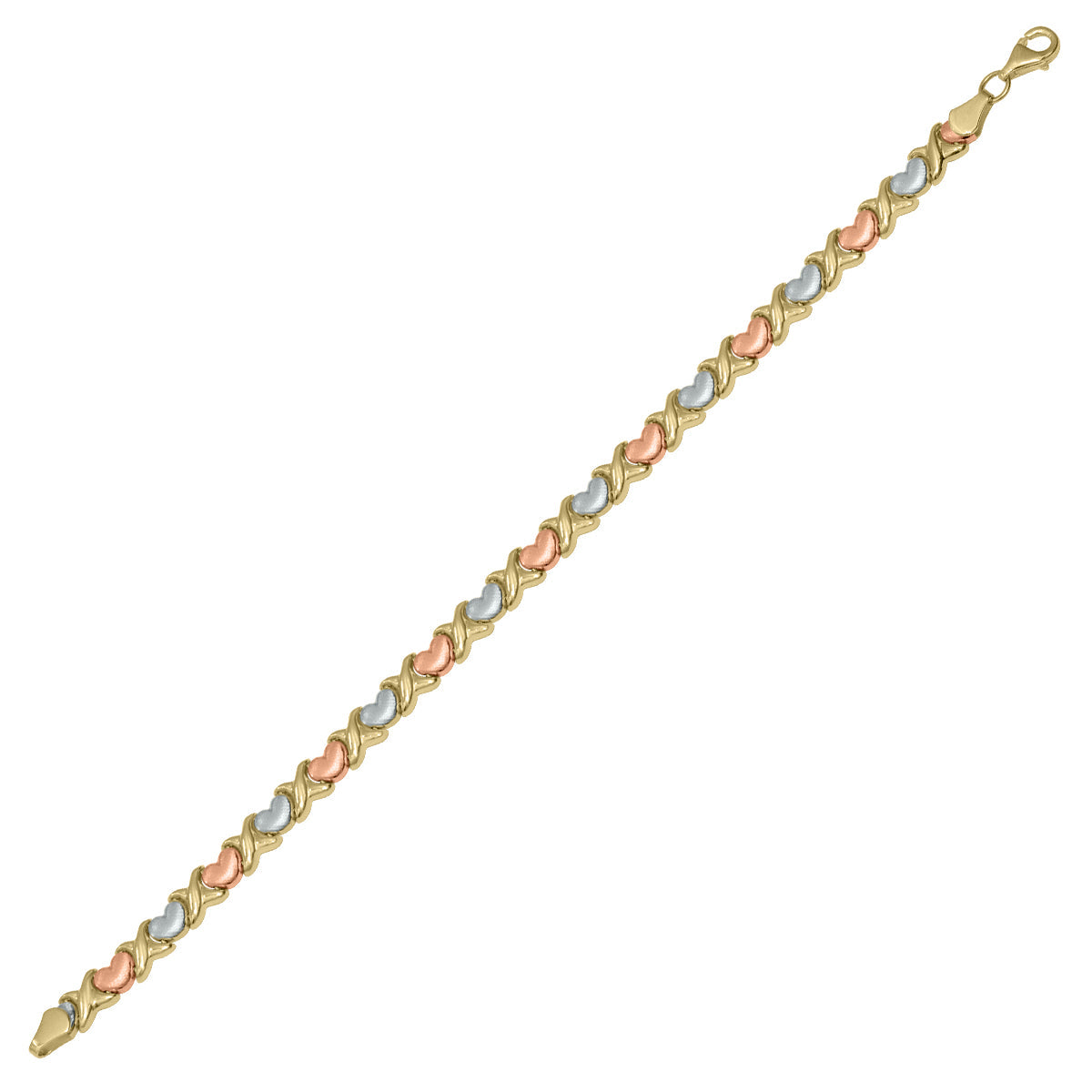 14K Tri-Color Gold X & O Heart Stampato Bracelet