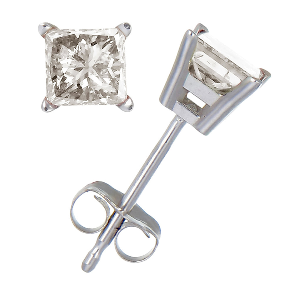 3/4 cttw Princess Cut Diamond Stud Earrings 14K White Gold 4 Prong with Push Backs