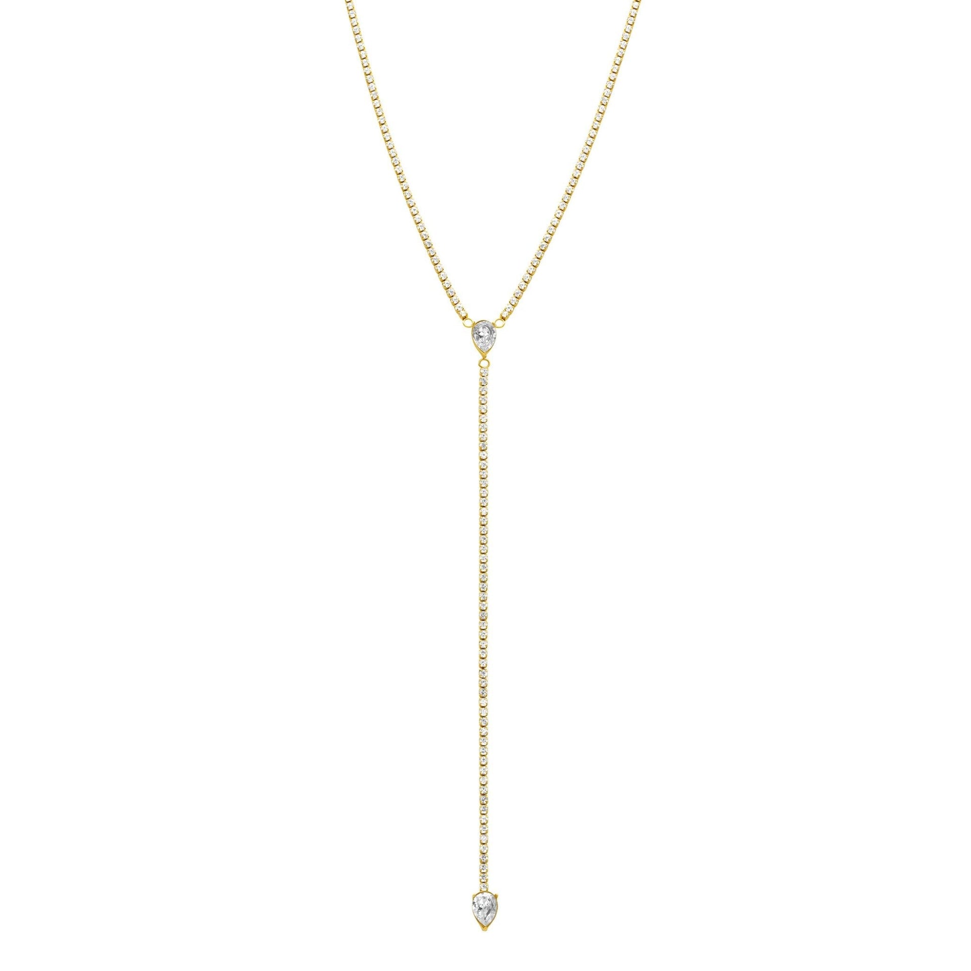 Water Resistant Crystal Y- Lariat Drop Tennis Chain Necklace gold