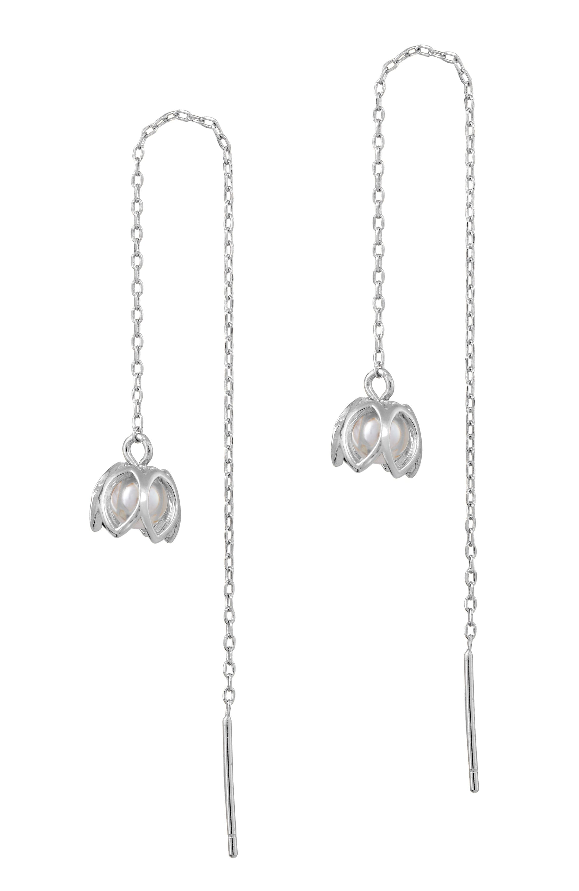 Sterling Silver Gold Plated Caged 4mm Pearl Threader Earrings