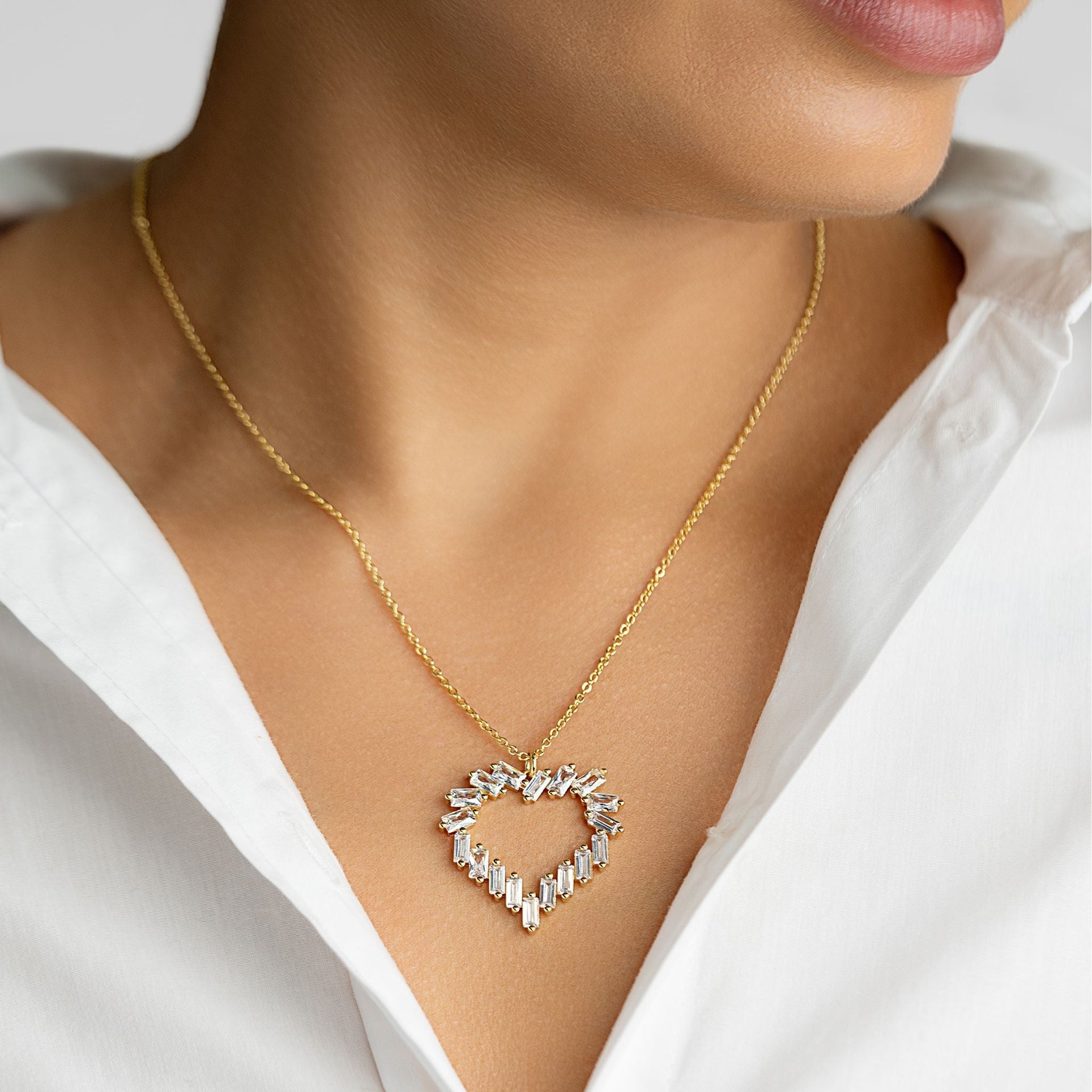 14K Gold Plated Crystal Baguette Heart Pendant Necklace