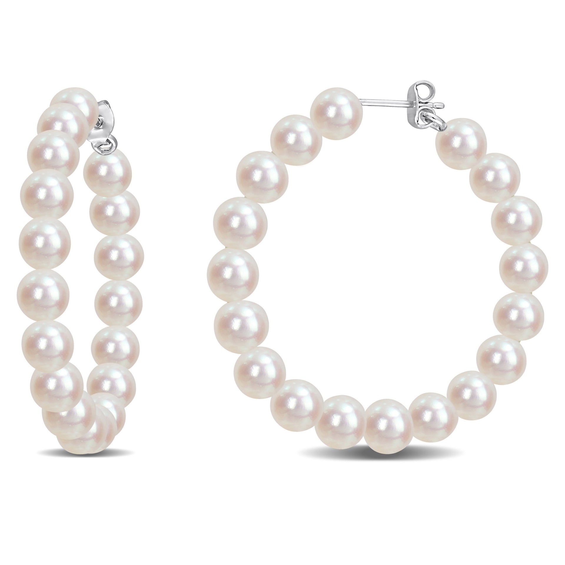 6-6.5mm Cultured Freshwater Pearl Hoop Earrings in Sterling Silver