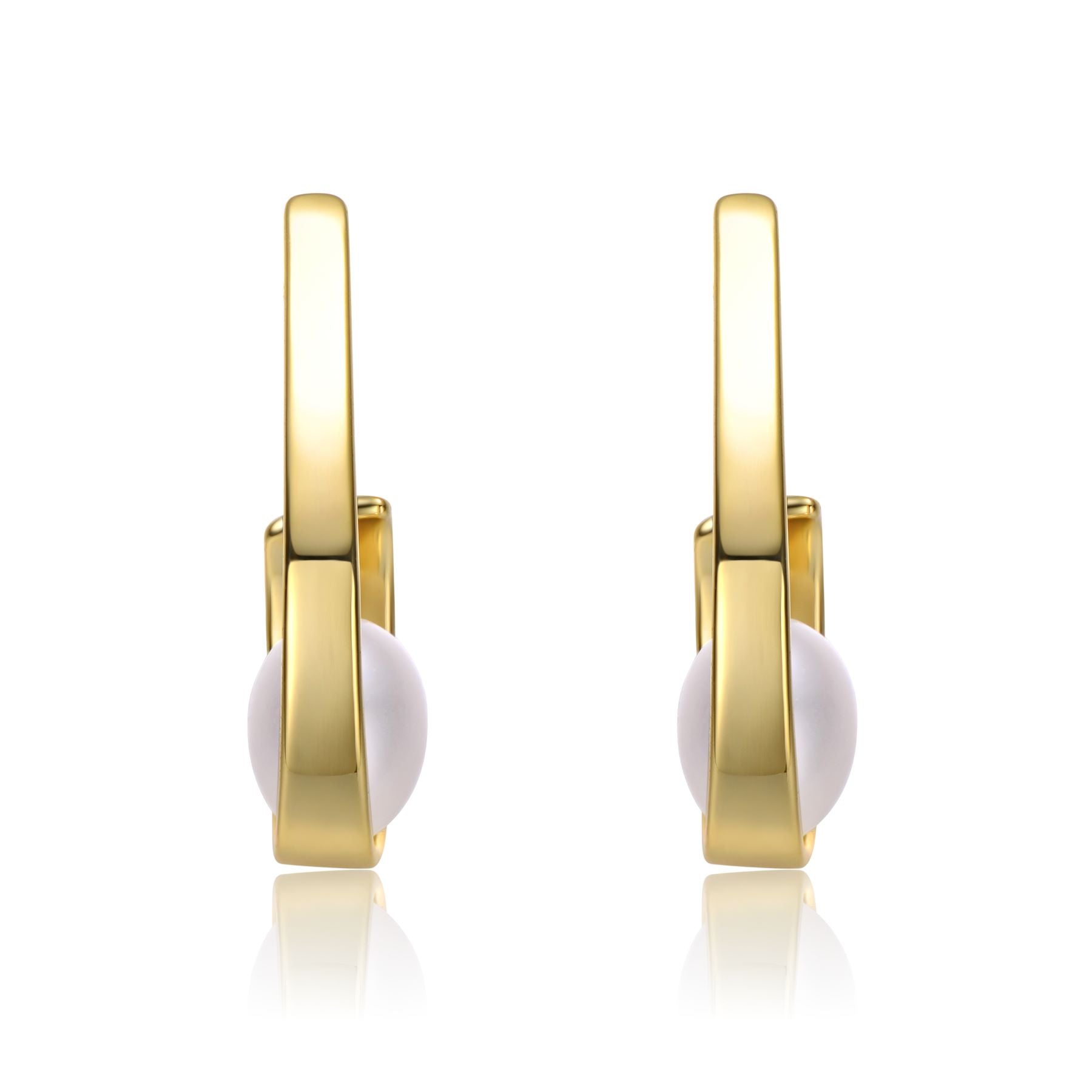 Sterling Silver 14k Yellow Gold Plated with White Pearl Ribbon Half-Hoop Drop Earrings