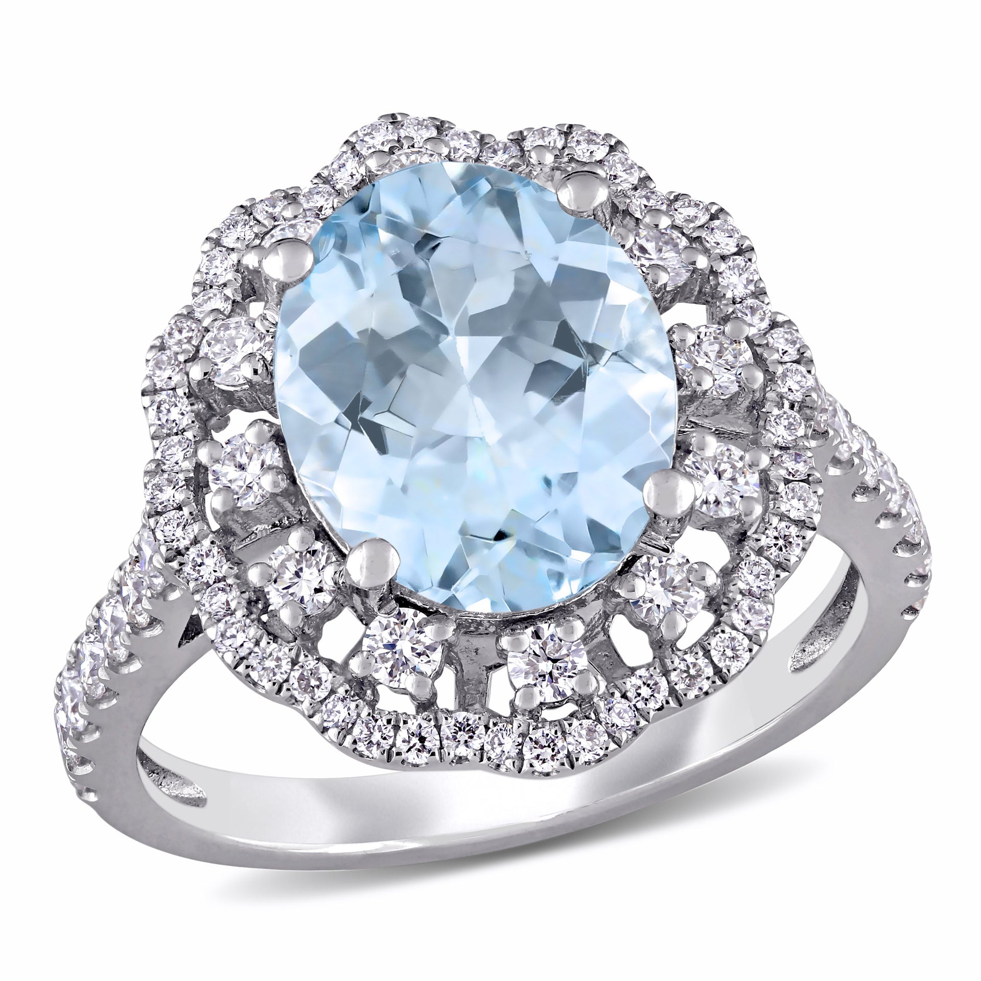2 3/4 ct TW Oval-Cut Aquamarine and 3/4 ct TW Diamond Halo Ring in 14k White Gold