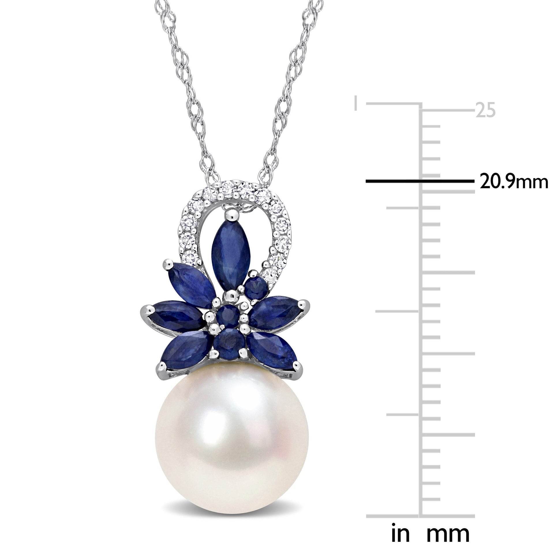 9.5-10 MM Cultured Freshwater Pearl and 3/8 CT TGW Sapphire and nd Diamond Accent Flower Pendant with Chain in 14k White Gold