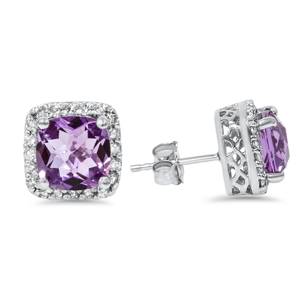 3ct Pave Halo Amethyst Studs 14K White Gold
