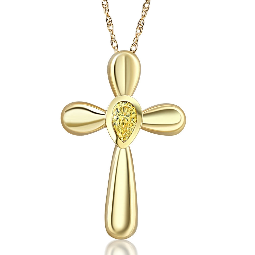 1/4 ct Yellow Diamond Pear Shaped Cross Pendant Lab Grown Yellow Gold Necklace 1'
