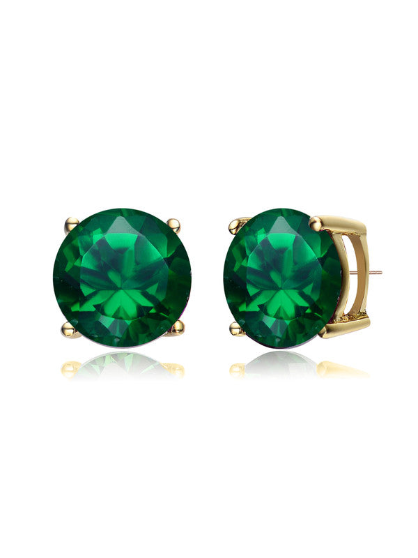 Sterling Silver Gold Plated Emerald Cubic Zirconia Solitaire Stud Earrings