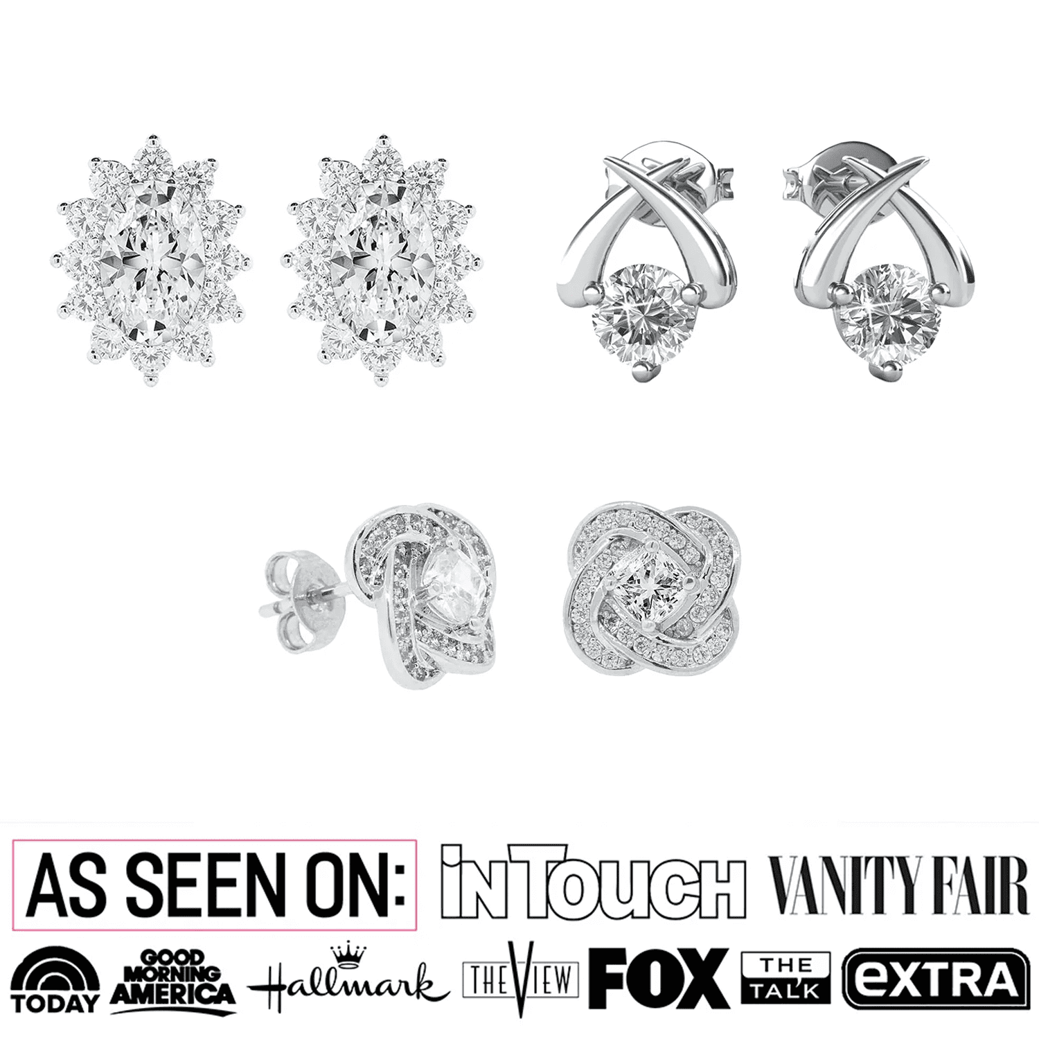 Cate & Chloe Earrings Pack of 3 - Eloise, Stella, Sage 18k White Gold Plated Stud Earrings