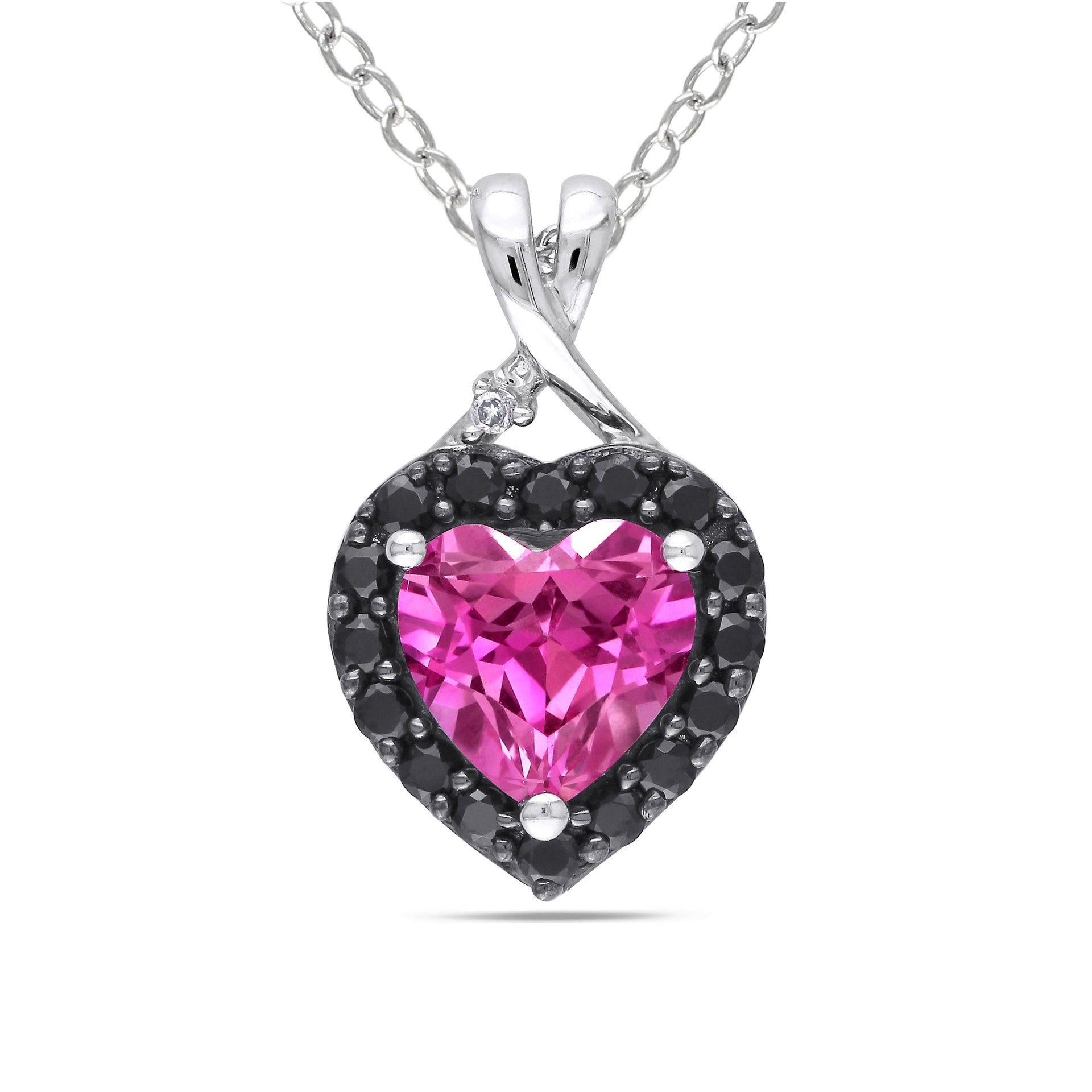Created Pink Sapphire, Black Spinel and Diamond Heart Necklace in Sterling Silver