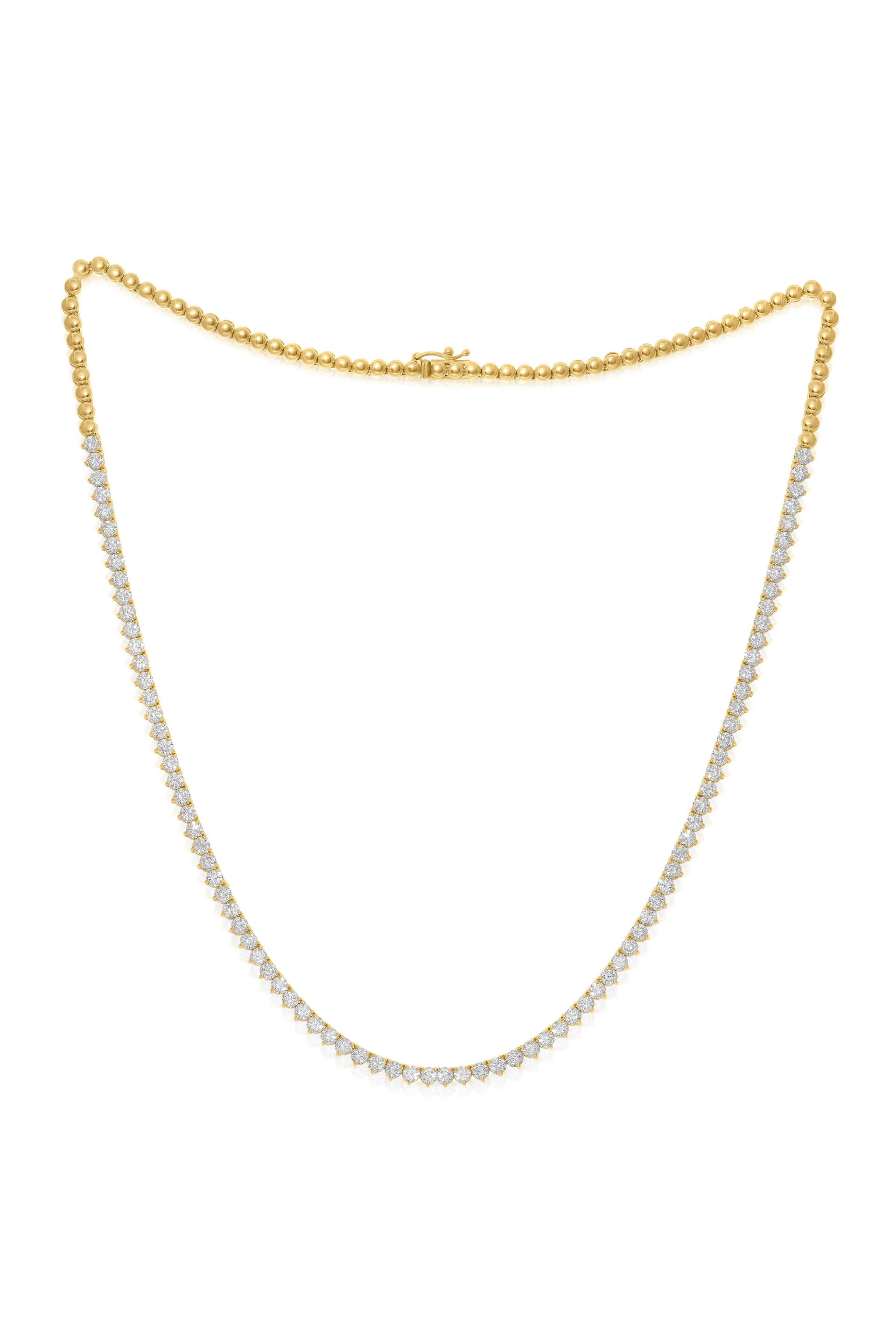 14kt yellow gold, 17' 3 prong diamond halfway tennis necklace featuring 3.50 cts tw round diamonds