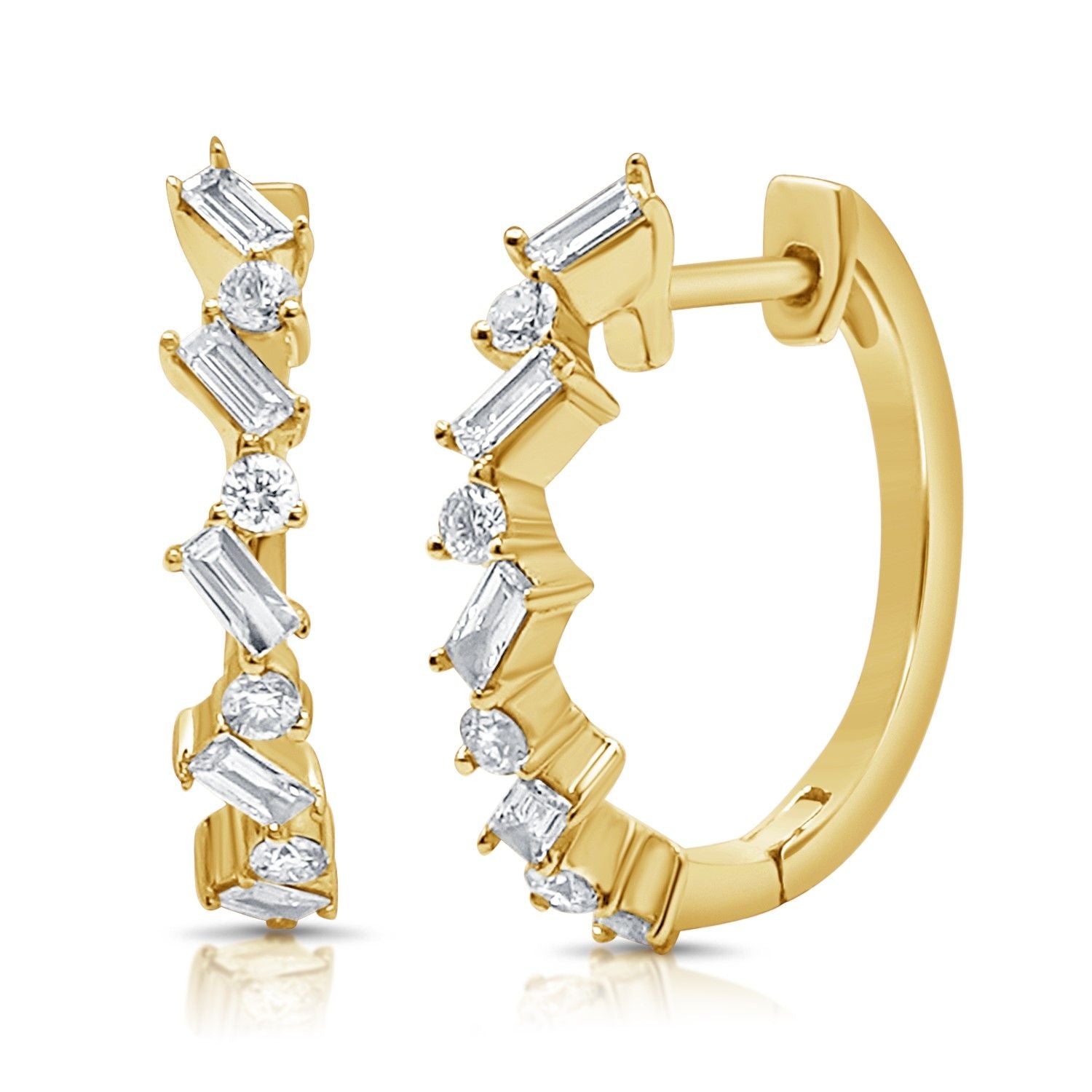 14K YG 2.50GR HUGGIE EARRINGS 10 BAGGETT DIAMONDS 10 0.32 ROUND DIAMONDS 8 0.15