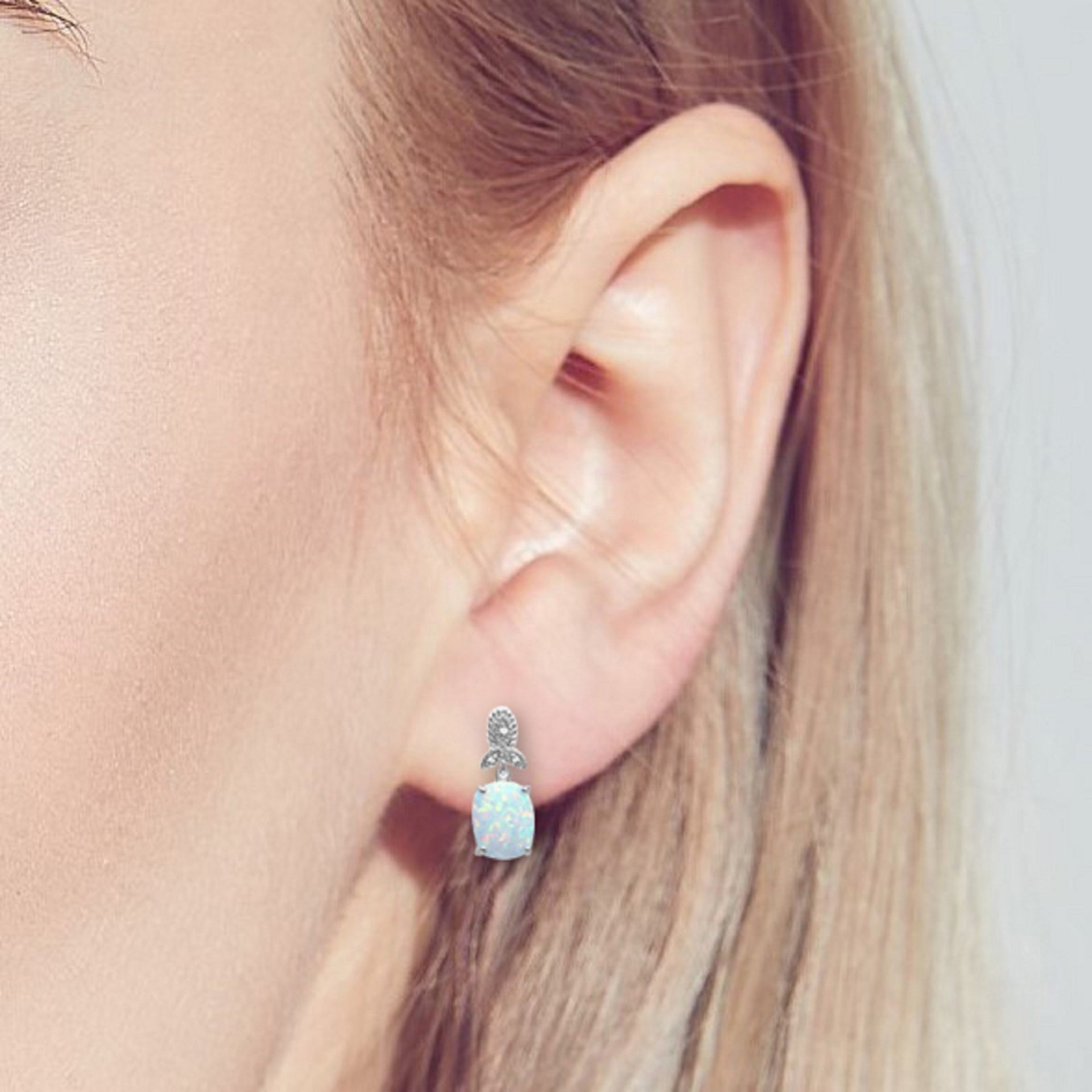 Sterling Silver 10x8mm Created Opal and Diamond Accent Dangle Drop Earrings