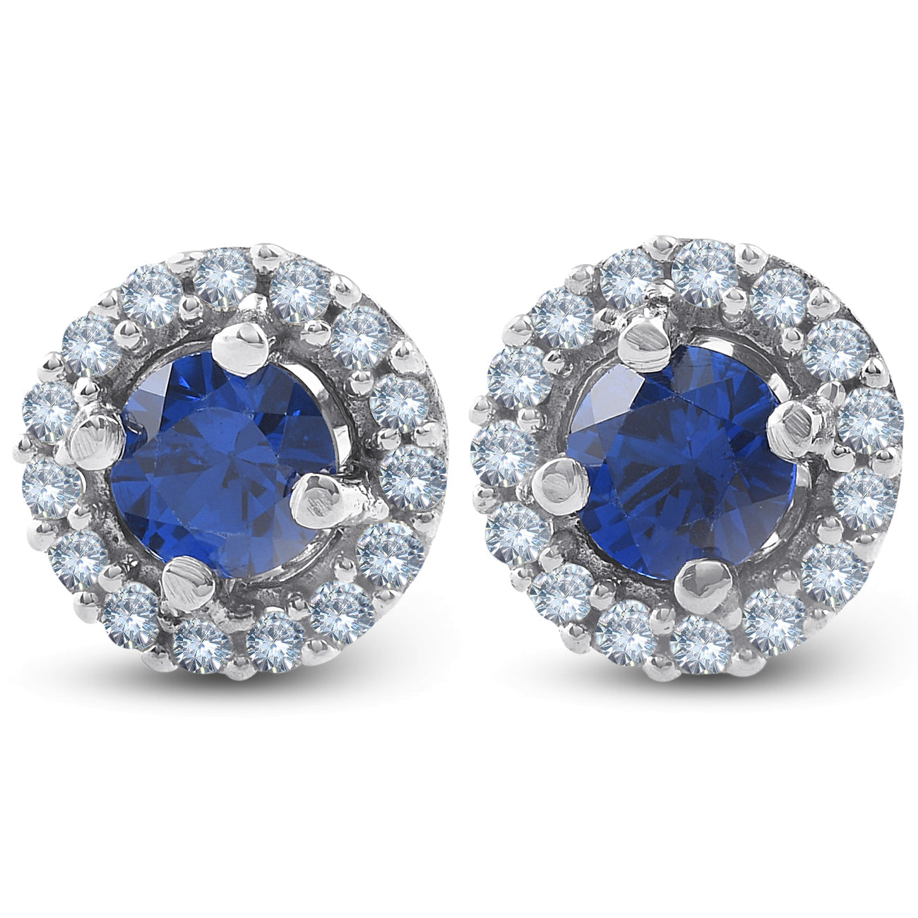 1/4 Ct Halo Diamond & Blue Sapphire Studs 10K White Gold