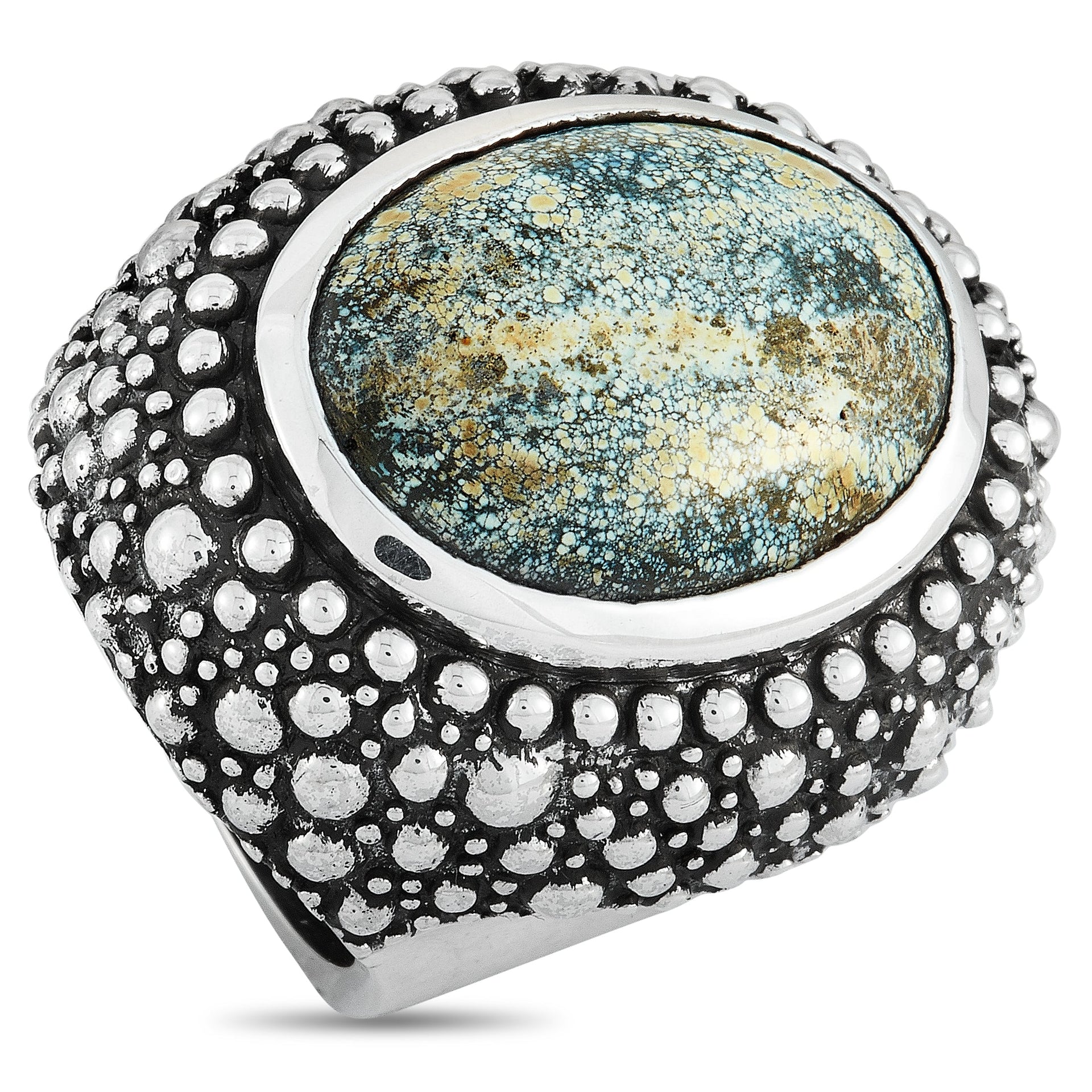 Silver and Spotted Turquoise Beaded Texture Ring