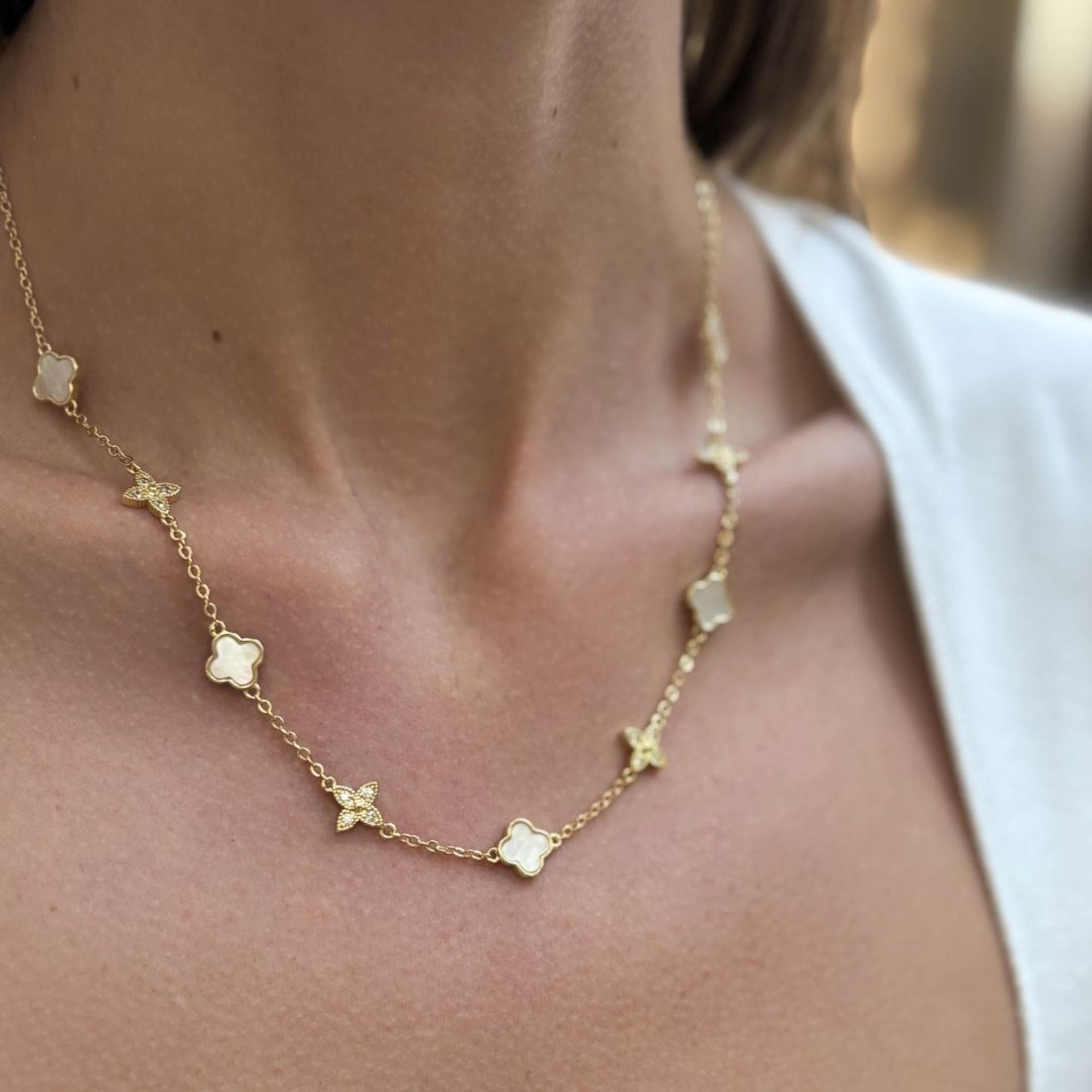 14k Gold Plated Mixed Mother Of Pearl And CZ Clover Station Necklace