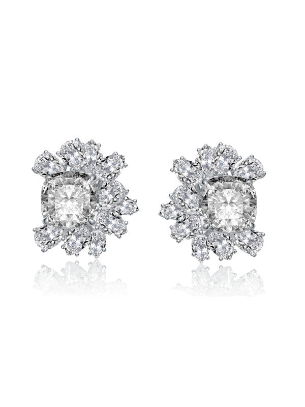 Sterling Silver White Gold Plated With Clear Cubic Zirconia Flower Cluster Stud Earrings