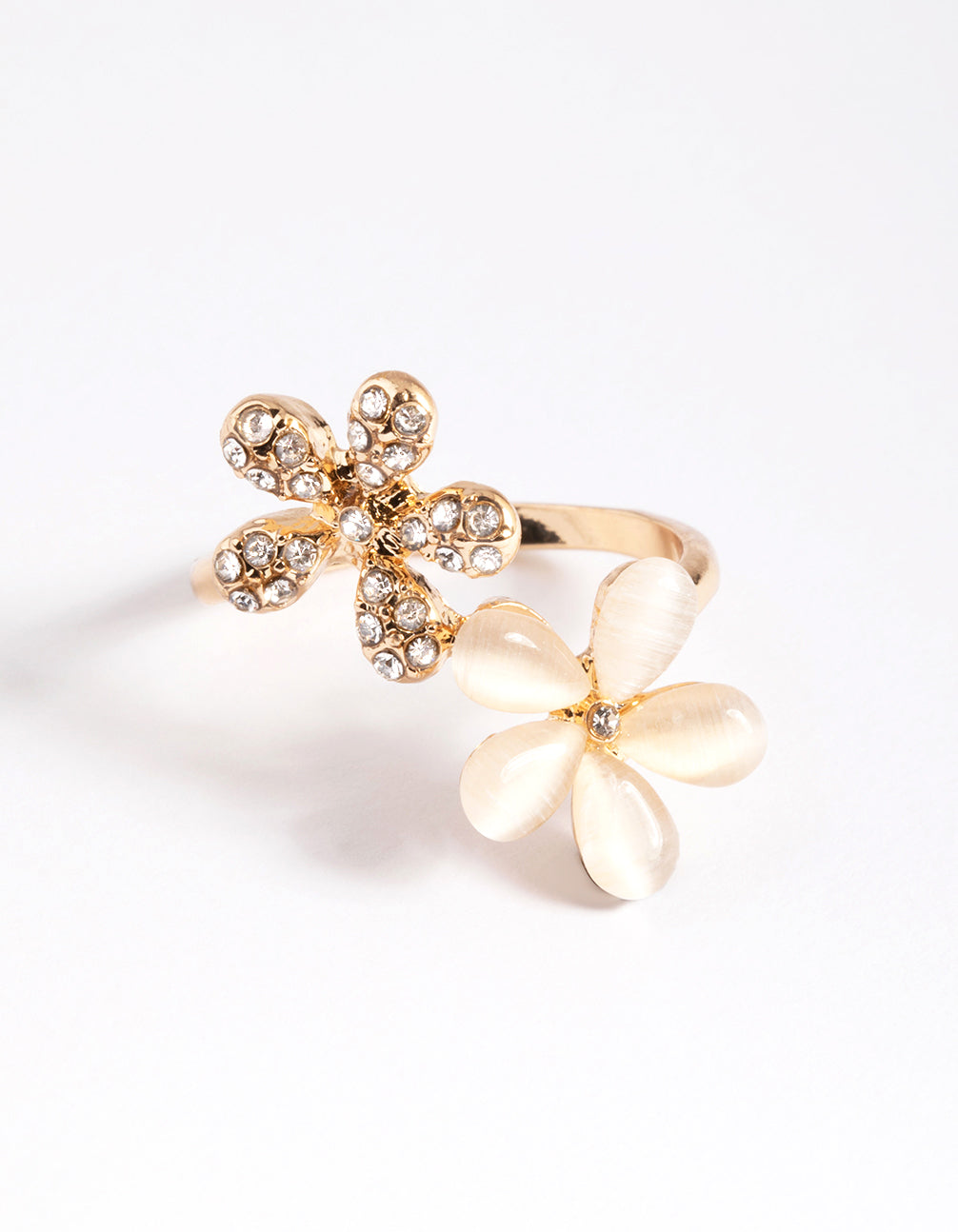 Gold Diamante and Cateye Flower Ring