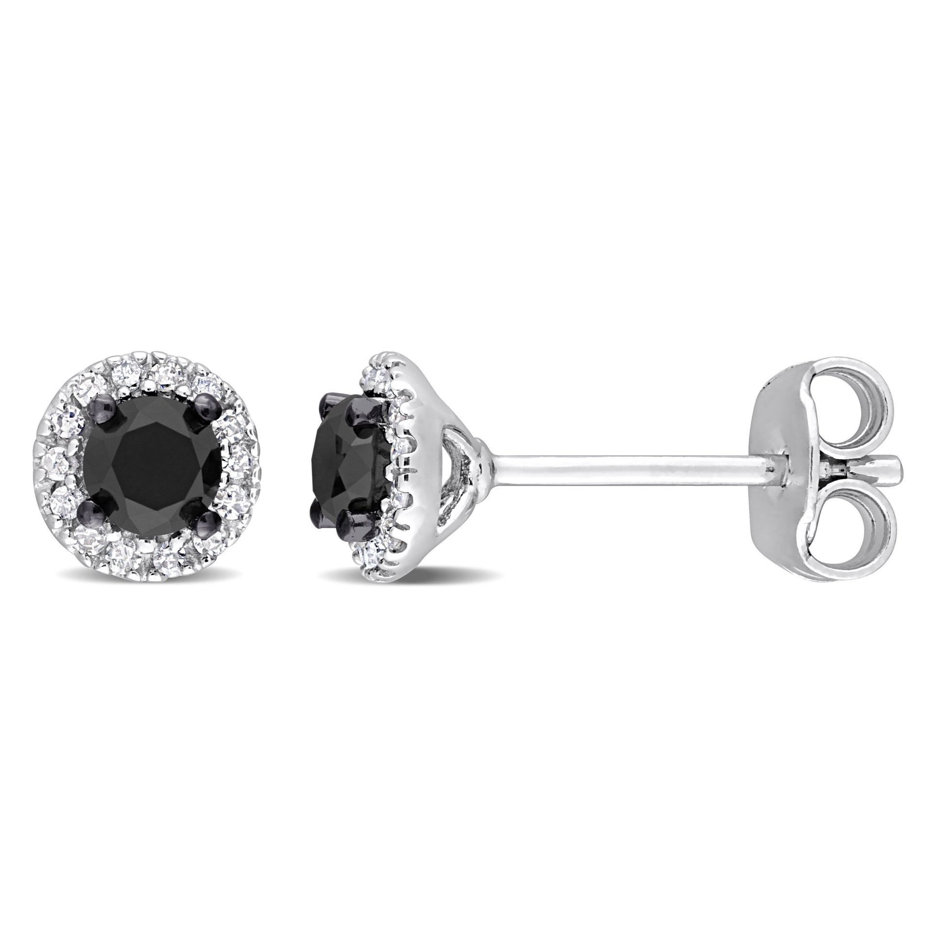 1/2 ct TW Black and White Halo Diamond Stud Earrings in Sterling Silver