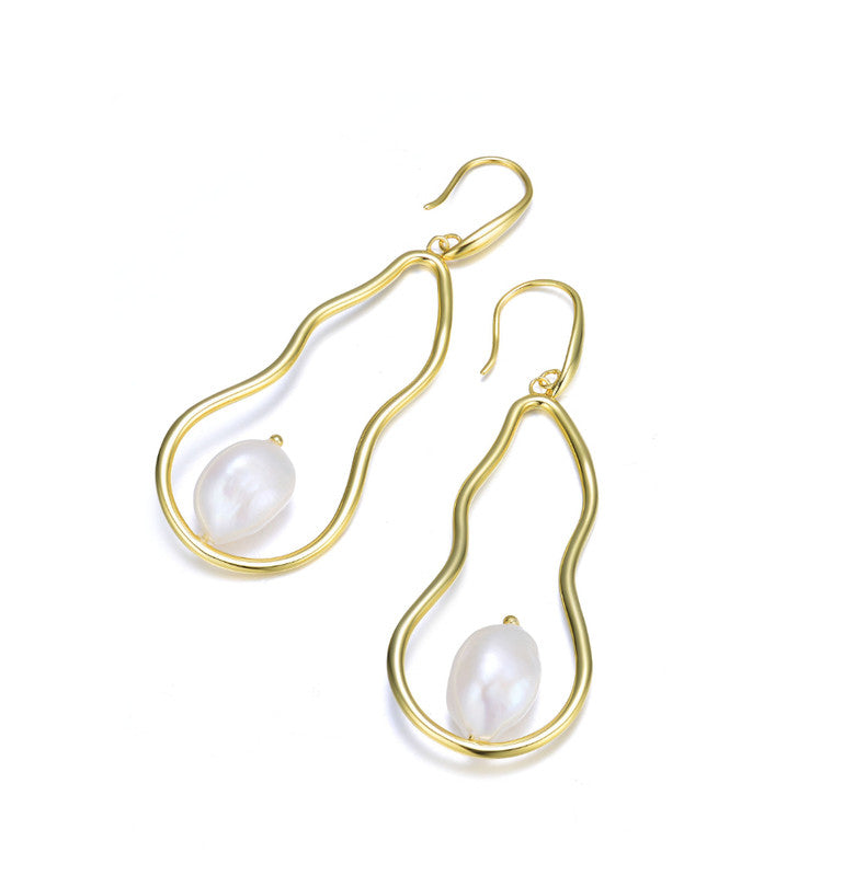 Stylish Sterling Silver 14k Gold Plated With Genuine Freshwater Pearl Elongated Dangling Earrings